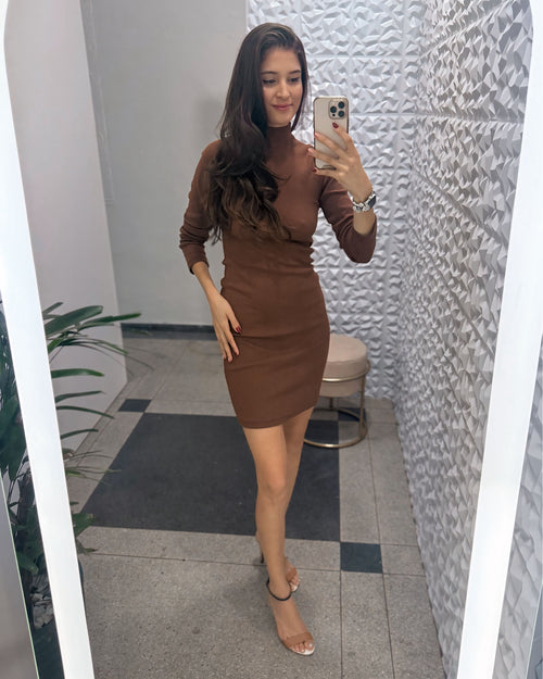 Vestido Curto Ribana com Manga e Gola